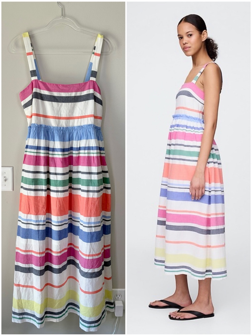 GAP Cotton Striped Square Neck Midi Dress in Multi Color Stripe